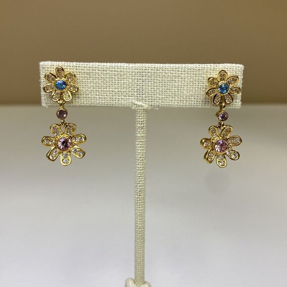 Joan Rivers Double Rhinestone Flower Dangle Pierced Earrings Pink Blue Gold Tone - Picture 1 of 9
